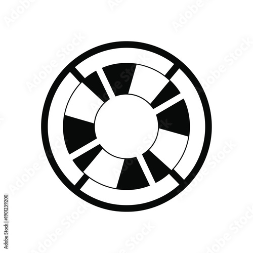 Black and white circular graphic design element with geometric shapes