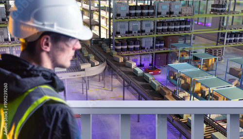 Warehouse logistics, supervisor in helmet oversees automated conveyor system, managing storage, packaging and distribution processes, inventory control and supply chain operations.