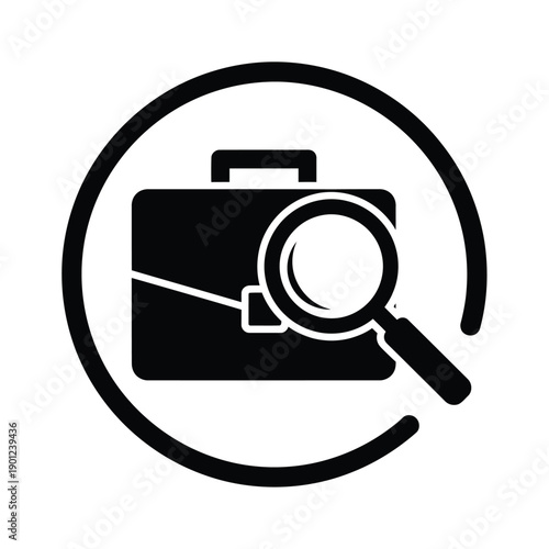 A black and white icon of a magnifying glass over a briefcase in a circle