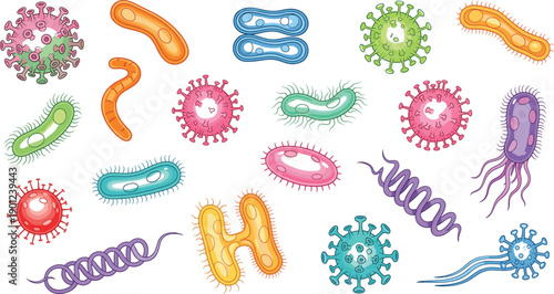 Colorful Cartoon Germ and Microbe Illustration Set with Bacteria Virus Shapes for Education Science and Medical Designs