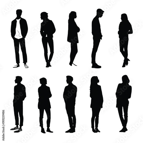 People waiting and idle moment silhouettes, neutral human poses vector
