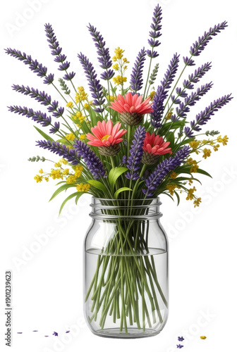 Bouquet of lavender and gerbera daisies in a glass jar