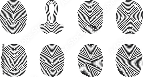 Fingerprint and biometric line icon set, identity security authentication touch id symbols outline vector illustration collection