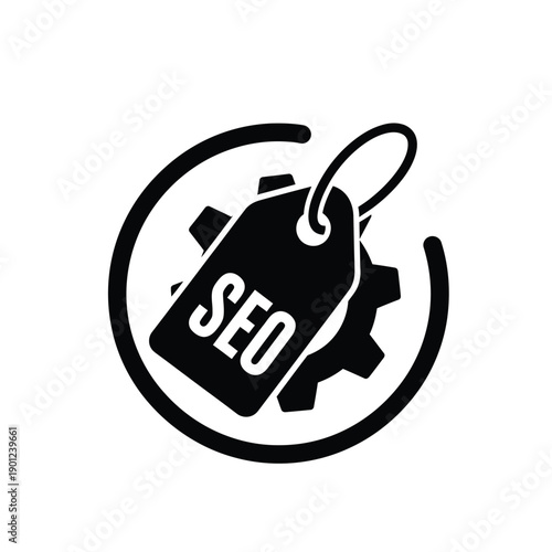 Black seo optimization icon with gear and tag on for search engine marketing and website performance