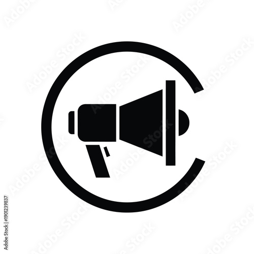 A black and white icon of a megaphone inside a circle on a used for communication and announcement purposes effectively