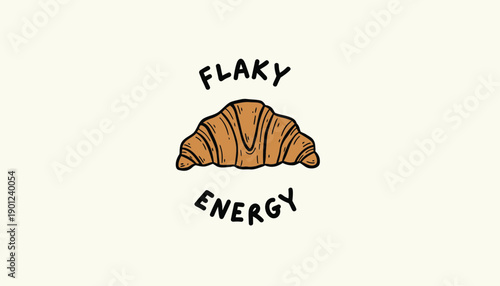 Vector illustration of croissant with text 'Flaky Energy', for mockup or overlay effect, isolated on transparent background, png