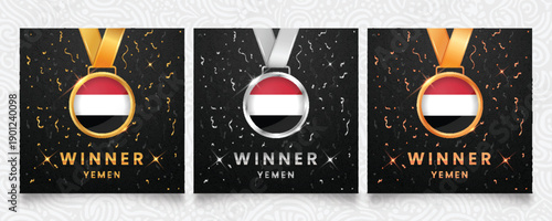 Set of winner medals featuring the Yemeni flag on a dark background with confetti. Ideal for sports awards, Republic of Yemen achievement and national celebration events for Al-Yaman