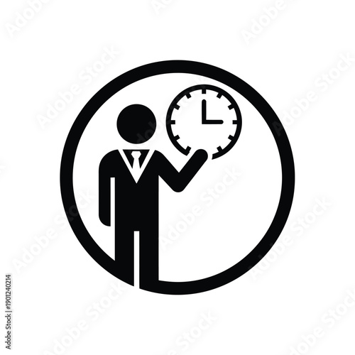 A black and white icon of a person in a suit holding a clock in a circular frame