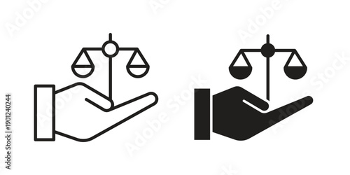Justice scales in Hand icon for mobile concept and web apps, editable stroke