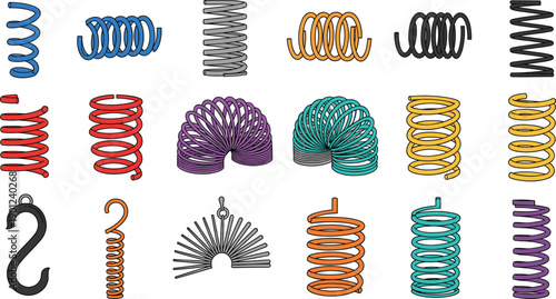 Colorful Spring and Coil Illustration Set with Metal Compression Spiral Shapes for Engineering Physics Toys and Mechanical Design Concepts