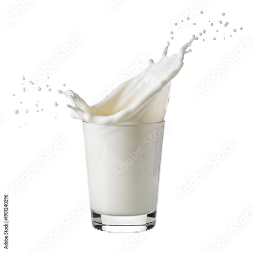 A glass of milk with a splash of white liquid being poured into it. isolated on transparent background