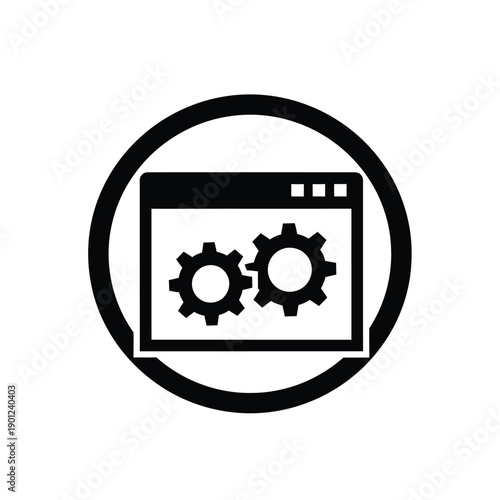 Black and white icon of gear settings in a browser window for website or app design