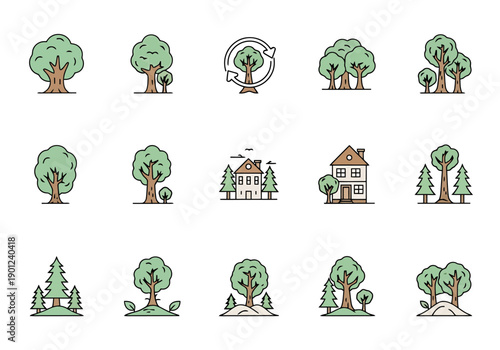 Collection of stylized linear nature icons featuring trees and houses for outdoor living concepts