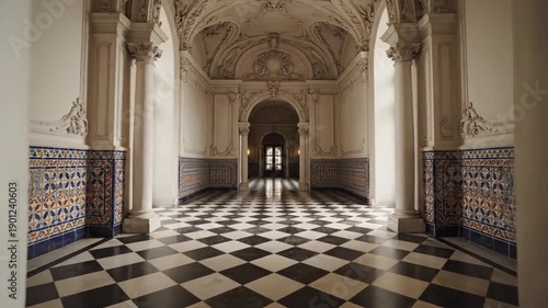 Elegant Palace Hallway Slow Motion Cinematic Shot, Ornate Architecture, Grand Interior, Luxury Travel Concept