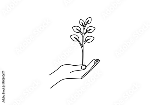 Human Hand Gently Holding Delicate Sprout Representing Growth Protection And New Life In A Simple Artistic Line Drawing Style