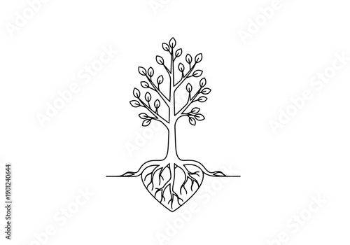 Stylized Tree Growth Symbol Rooted in Heart Shape Organic Life Concept Clean Line Art Design on White Background Natural Elements Representation