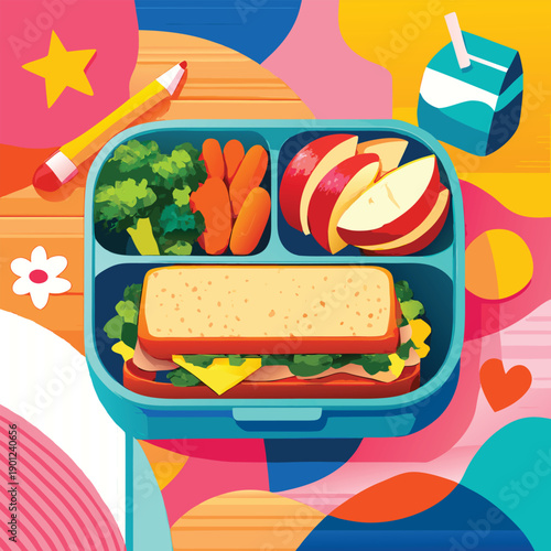 Lunchbox with sandwich, veggies, fruit juice, and pencil on colorful background. Ideal for school lunch, healthy eating, nutrition concepts.