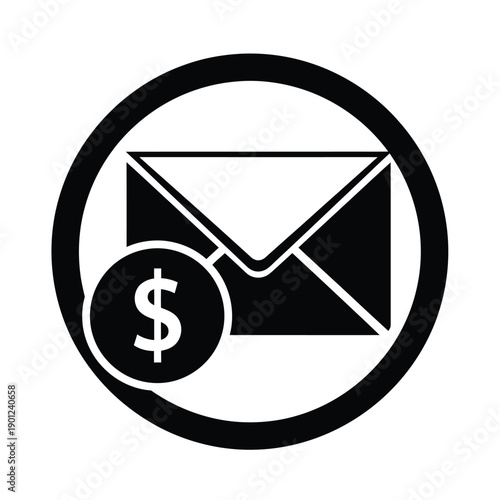 Black and white icon of an envelope with a dollar sign in a circle, symbolizing payment or financial correspondence
