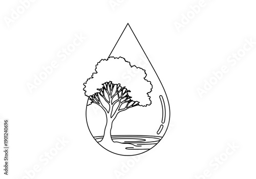 Abstract tree inside a water drop outline representing natural resources and environmental conservation art