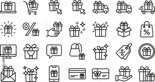 Gift and shopping vector icon set featuring presents, delivery, discounts, online purchasing, reward programs, holiday gifting and e-commerce celebration elements
