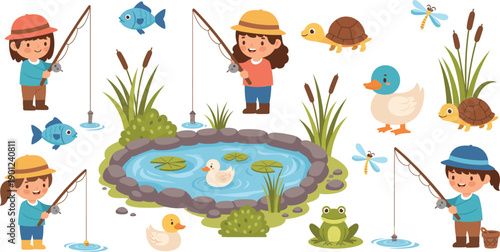 Kids Fishing Cartoon Vector Scene with Children Pond Ducks Fish Frogs Turtles and Nature
