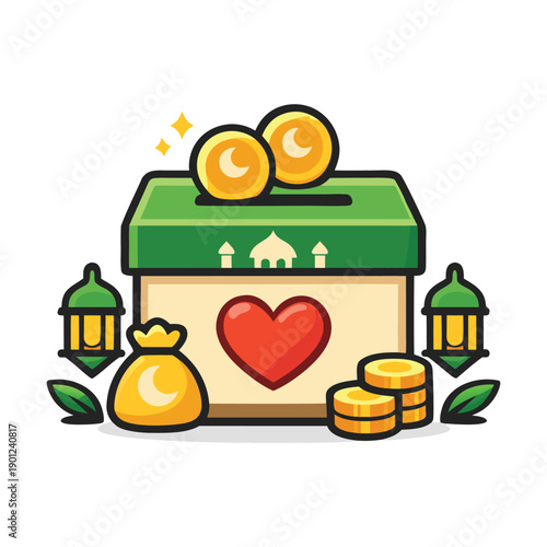 Donation box filled with money, lanterns, bag, and heart. Perfect for charity, fundraising, financial campaigns, and social support concepts.