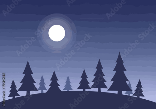 Winter Night Landscape with Fir Trees Silhouetted Against a Full Moon and Deep Blue Sky a Calm and Serene Scene