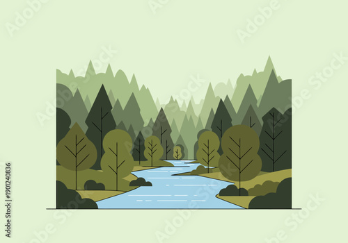 Serene Forest Landscape With Winding River Flowing Through Tall Green Trees Under A Pale Sky Scenic Nature View