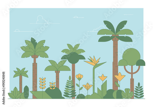 Tropical Forest Landscape with Various Palm Trees Exotic Plants and Flowers on a Light Blue Sky Background