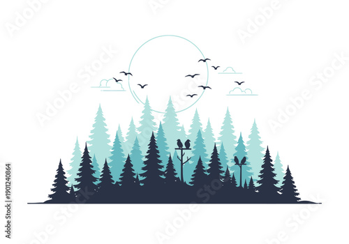 Serene Forest Landscape With Birds Flying Under A Full Moon With Two Birds Perched On A Branch