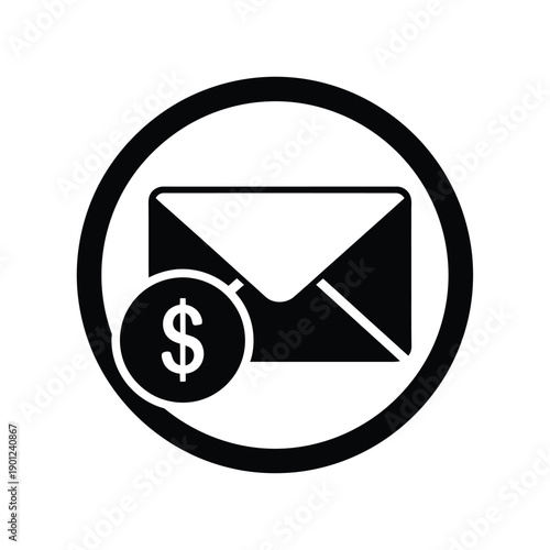 A black and white icon of an envelope with a dollar sign in a circle, representing email money transfer or online payment