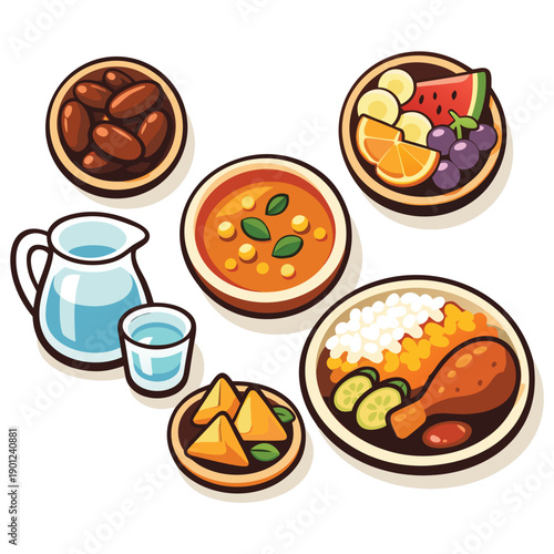 Selection of foods including dates, soup, and rice. Perfect for culinary blogs, menus, food magazines, and recipe websites.