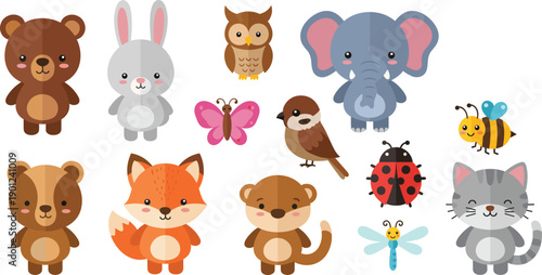 Cute Animal Cartoon Vector Set with Forest Pets Birds Insects and Friendly Characters