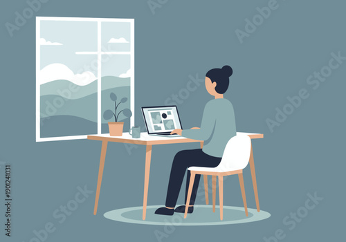 Individual working remotely from home at a desk with a laptop in a calm room with a window view of a landscape