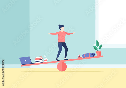 Person balancing on seesaw symbolizing work life balance with objects representing career and wellness items representing personal health and leisure