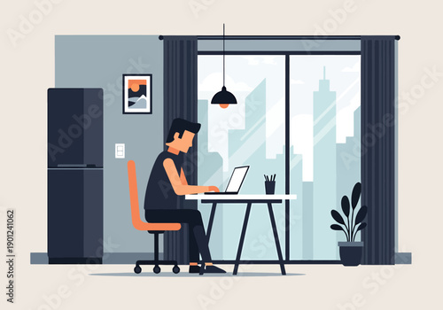 Man Working Remotely On Laptop In Modern Apartment With City Skyline View From Large Window