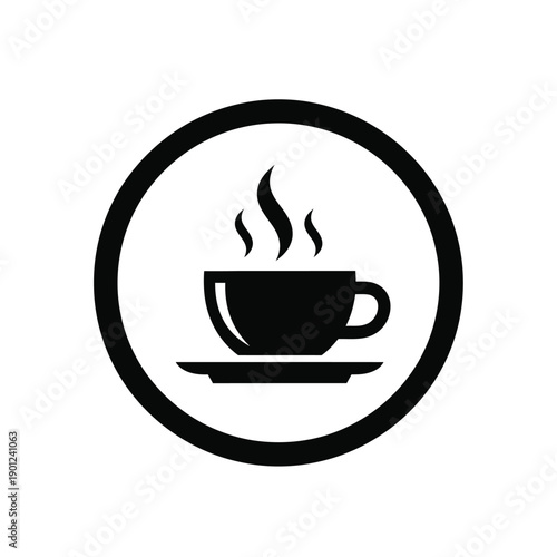 A black and white icon of a steaming hot cup of coffee in a circle