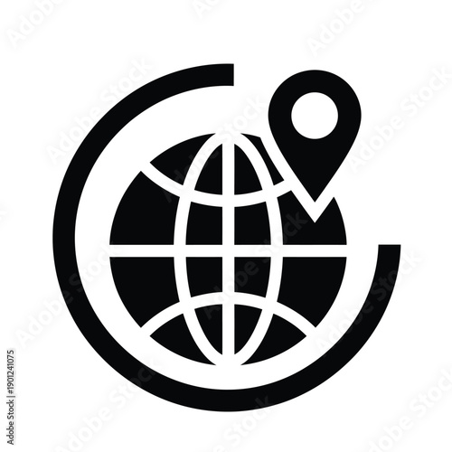 Black and white icon of a globe with a location pin