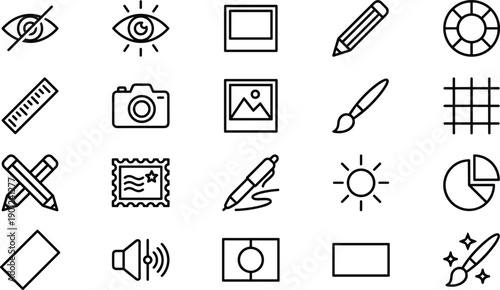 Graphic design and creative tool icon set featuring editing symbols camera pencil brush grid sun pie chart outline vector illustration
