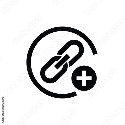 Black icon of a link chain with a plus sign in a circle
