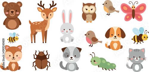 Cute Animal Cartoon Vector Set with Forest Pets Birds Insects and Friendly Characters