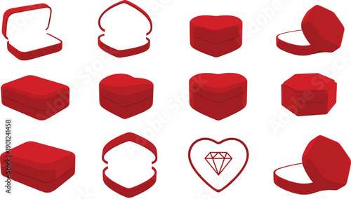 Heart Shaped Jewelry Box Illustration Set with Red Velvet Ring Gift Cases for Engagement Wedding and Valentine Designs