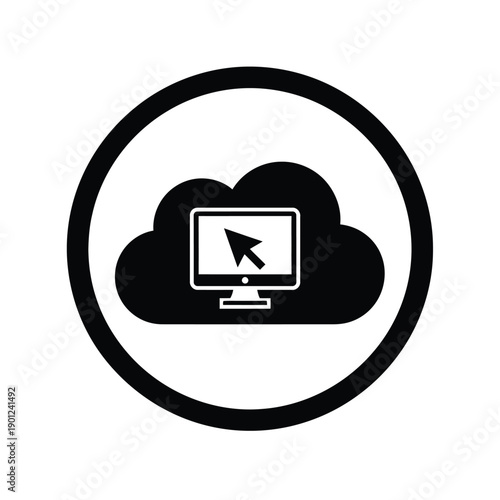 Black and white icon of a computer monitor with a cloud and cursor in a circle