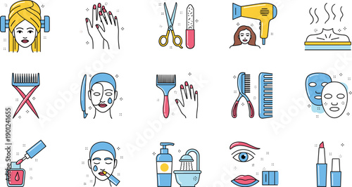 Beauty Salon and Self Care Icon Set with Hair Styling Manicure Skincare Tools and Cosmetic Treatment Symbols for Spa Designs