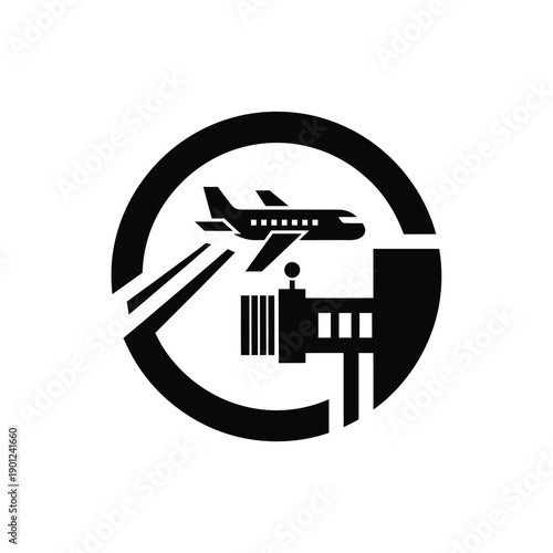 Black silhouette of airplane taking off from airport terminal with circular design