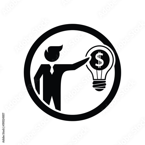 Businessman pointing to a light bulb with a dollar sign inside a circle