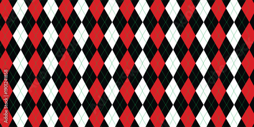 Harlequin red and black seamless pattern. Argyle diamond fabric texture. Classic lozenge simple background with gold line. Joker venetian rhombus carnival ornament bg. Vector design illustration.