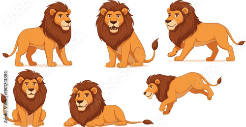 Cute lion character poses set with standing sitting lying running safari cartoon vector