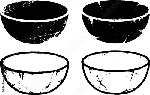 Set of vintage cracked bowls silhouettes distressed grunge kitchen utensils design elements