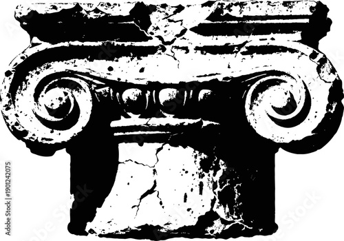 ionic column capital with classical architectural design and ornamental scrolls in black and white